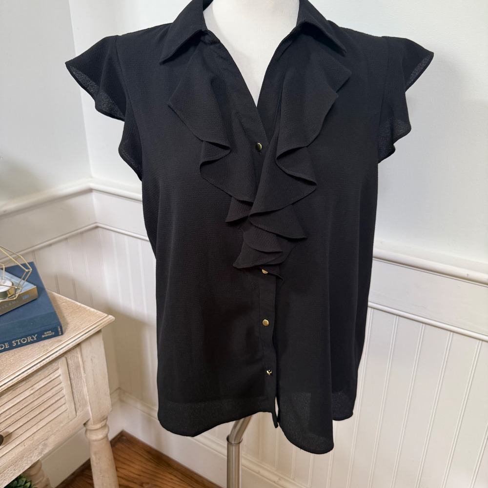 Philosophy Republic Clothing Black Ruffle V-Neck Blouse Gold Buttons NWT Medium
